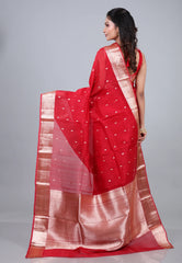 Red Pure Kora Silk Saree with Blouse Piece - Adi Akshoy & Co.