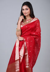 Red Pure Kora Silk Saree with Blouse Piece - Adi Akshoy & Co.