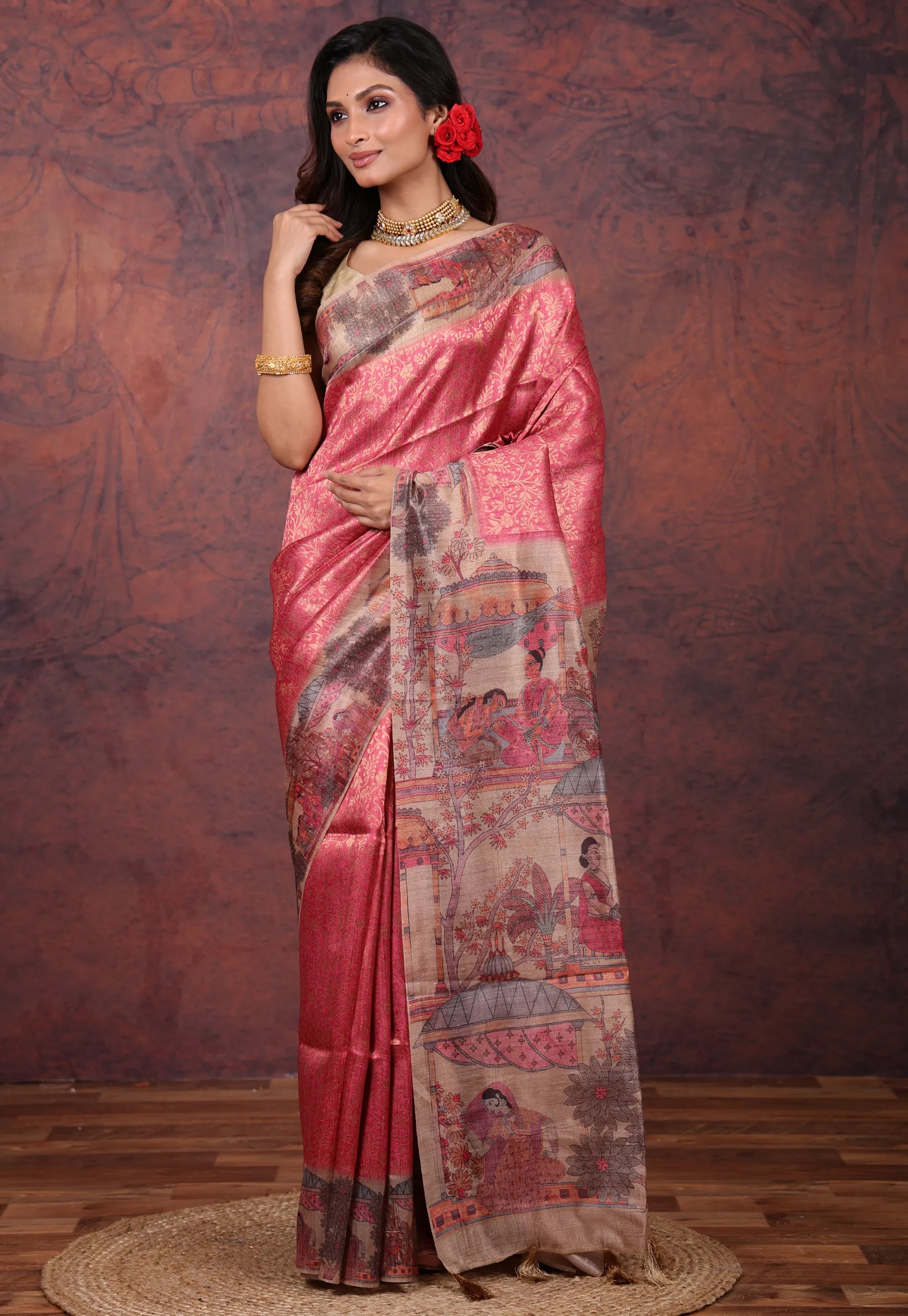 Onion Pink Tussar Kalamkari Silk Saree with Blouse Piece - Adi Akshoy & Co.