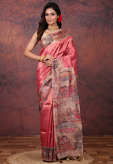 Onion Pink Tussar Kalamkari Silk Saree with Blouse Piece - Adi Akshoy & Co.