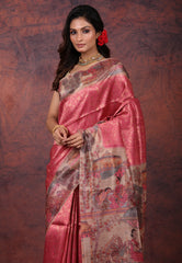 Onion Pink Tussar Kalamkari Silk Saree with Blouse Piece