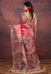Onion Pink Tussar Kalamkari Silk Saree with Blouse Piece - Adi Akshoy & Co.