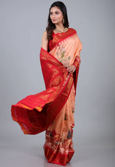 Peach Colour Pure Kalamkari Silk Saree with Blouse Piece - Adi Akshoy & Co.