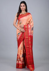 Peach Colour Pure Kalamkari Silk Saree with Blouse Piece - Adi Akshoy & Co.
