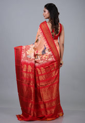 Peach Colour Pure Kalamkari Silk Saree with Blouse Piece - Adi Akshoy & Co.