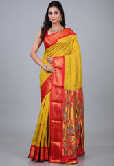 Mustard Paithani Silk Saree With Blouse Piece - Adi Akshoy & Co.
