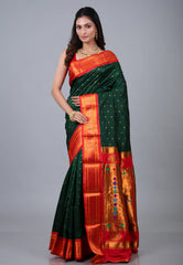Bottle Green Paithani Silk Saree With Blouse Piece - Adi Akshoy & Co.