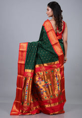 Bottle Green Paithani Silk Saree With Blouse Piece - Adi Akshoy & Co.