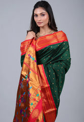 Bottle Green Paithani Silk Saree With Blouse Piece - Adi Akshoy & Co.