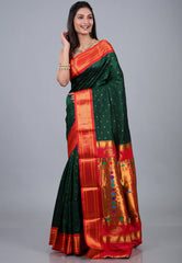 Bottle Green Paithani Silk Saree With Blouse Piece - Adi Akshoy & Co.
