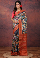 Black Pure Tussar Kantha Silk Saree With Blouse Piece - Adi Akshoy & Co.