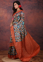 Black Pure Tussar Kantha Silk Saree With Blouse Piece - Adi Akshoy & Co.