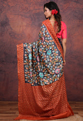 Black Pure Tussar Kantha Silk Saree With Blouse Piece - Adi Akshoy & Co.