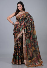 Black Floral Tussar Kalamkari Silk Saree with Blouse Piece  - Adi Akshoy & Co.