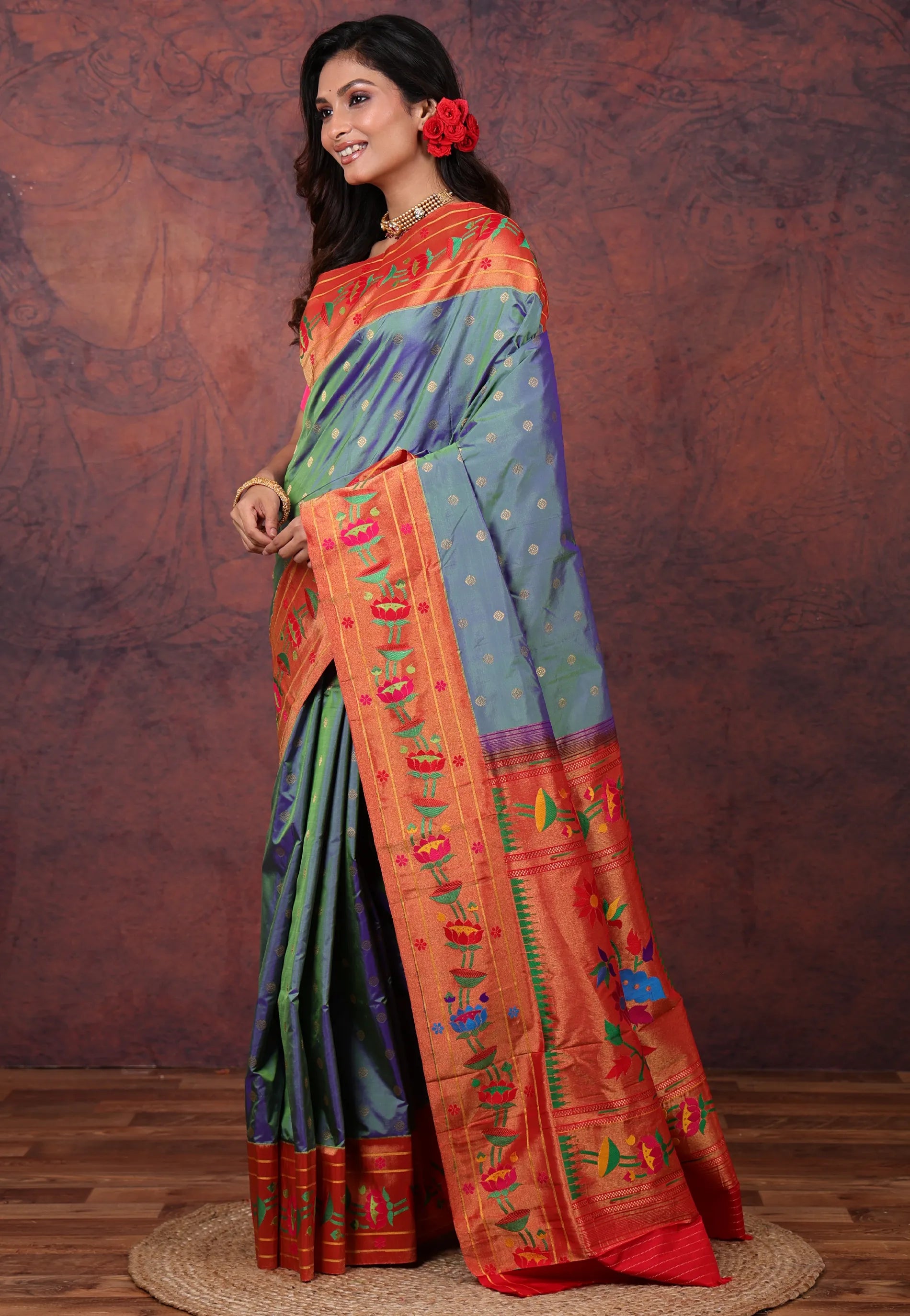 Cross Blue Paithani Silk Saree With Blouse Piece - Adi Akshoy & Co.