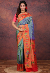 Cross Blue Paithani Silk Saree With Blouse Piece - Adi Akshoy & Co.