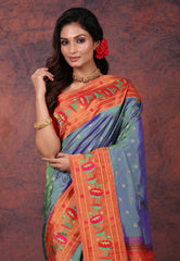 Cross Blue Paithani Silk Saree With Blouse Piece - Adi Akshoy & Co.
