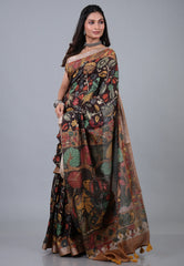 Black Floral Tussar Kalamkari Silk Saree with Blouse Piece  - Adi Akshoy & Co.
