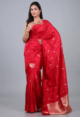 Red Pure Katan Silk Saree with Blouse Piece - Adi Akshoy & Co.