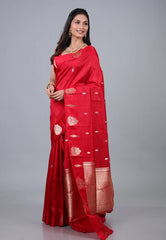 Red Pure Katan Silk Saree with Blouse Piece - Adi Akshoy & Co.
