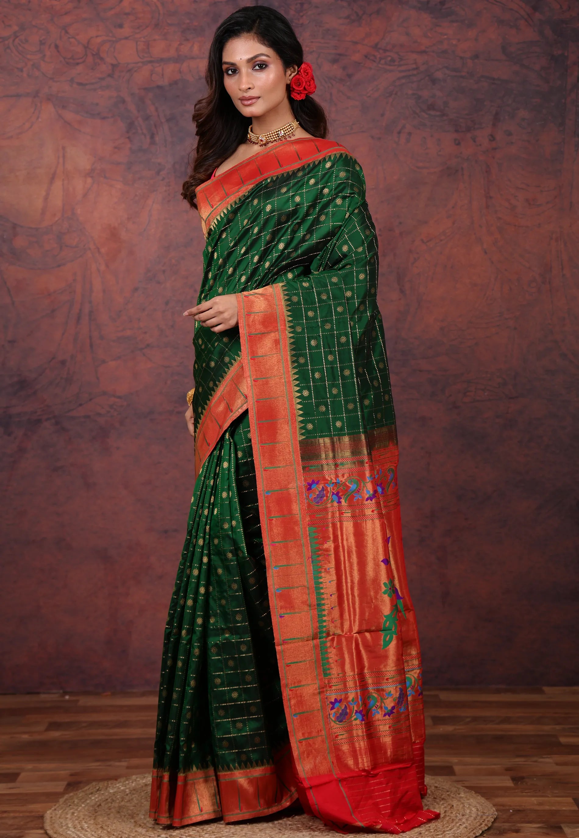 Bottle Green Pure Paithani Silk Saree With Blouse Piece - Adi Akshoy & Co.