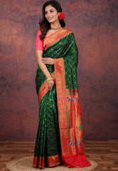 Bottle Green Pure Paithani Silk Saree With Blouse Piece - Adi Akshoy & Co.