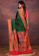 Bottle Green Pure Paithani Silk Saree With Blouse Piece - Adi Akshoy & Co.