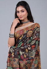 Black Floral Tussar Kalamkari Silk Saree with Blouse Piece  - Adi Akshoy & Co.