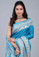 Feroza Blue Pure Tussar Kantha Silk Saree With Blouse Piece - Adi Akshoy & Co.