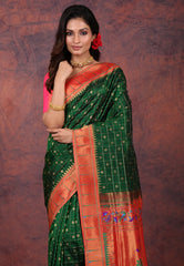 Bottle Green Pure Paithani Silk Saree With Blouse Piece - Adi Akshoy & Co.