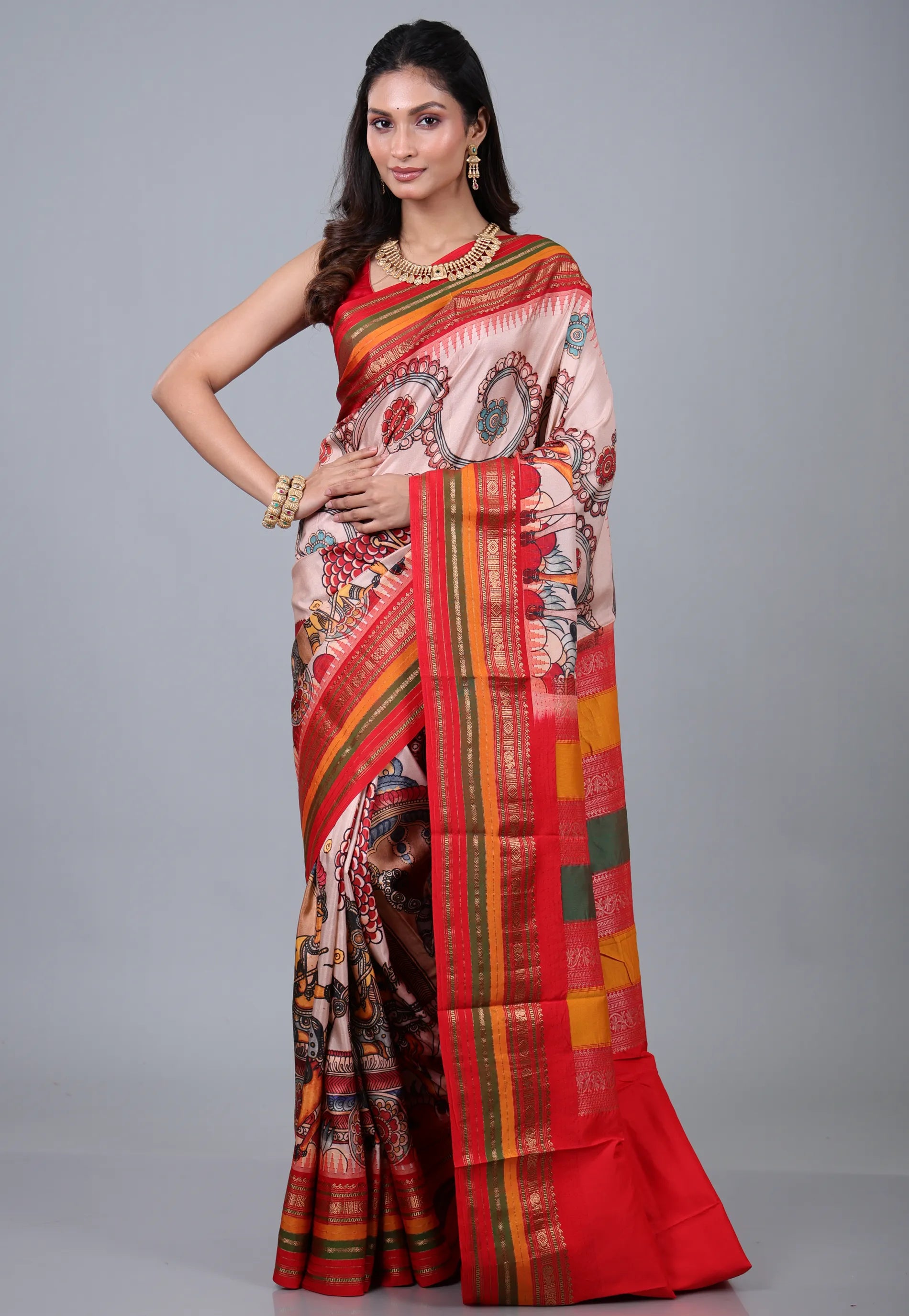 Beige Pinkish Tone Pure Kalamkari Silk Saree with Blouse Piece - Adi Akshoy & Co.