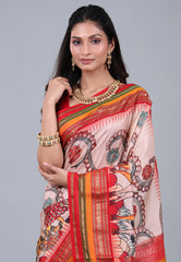 Beige Pinkish Tone Pure Kalamkari Silk Saree with Blouse Piece - Adi Akshoy & Co.