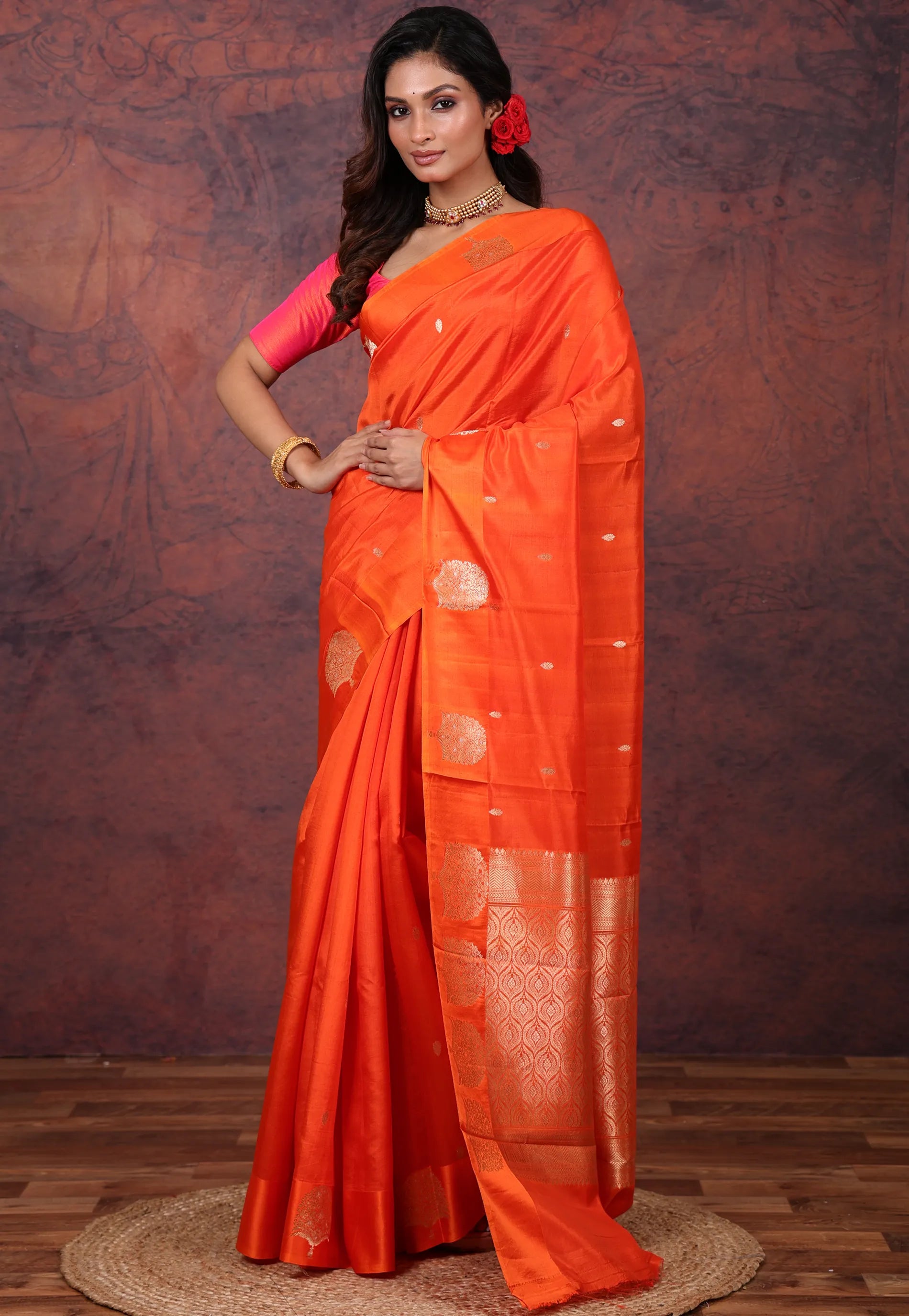 Orange Pure Katan Silk Saree with Blouse Piece - Adi Akshoy & Co.