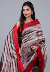 Brown Pure Katan Jaal Silk Saree with Blouse Piece - Adi Akshoy & Co.
