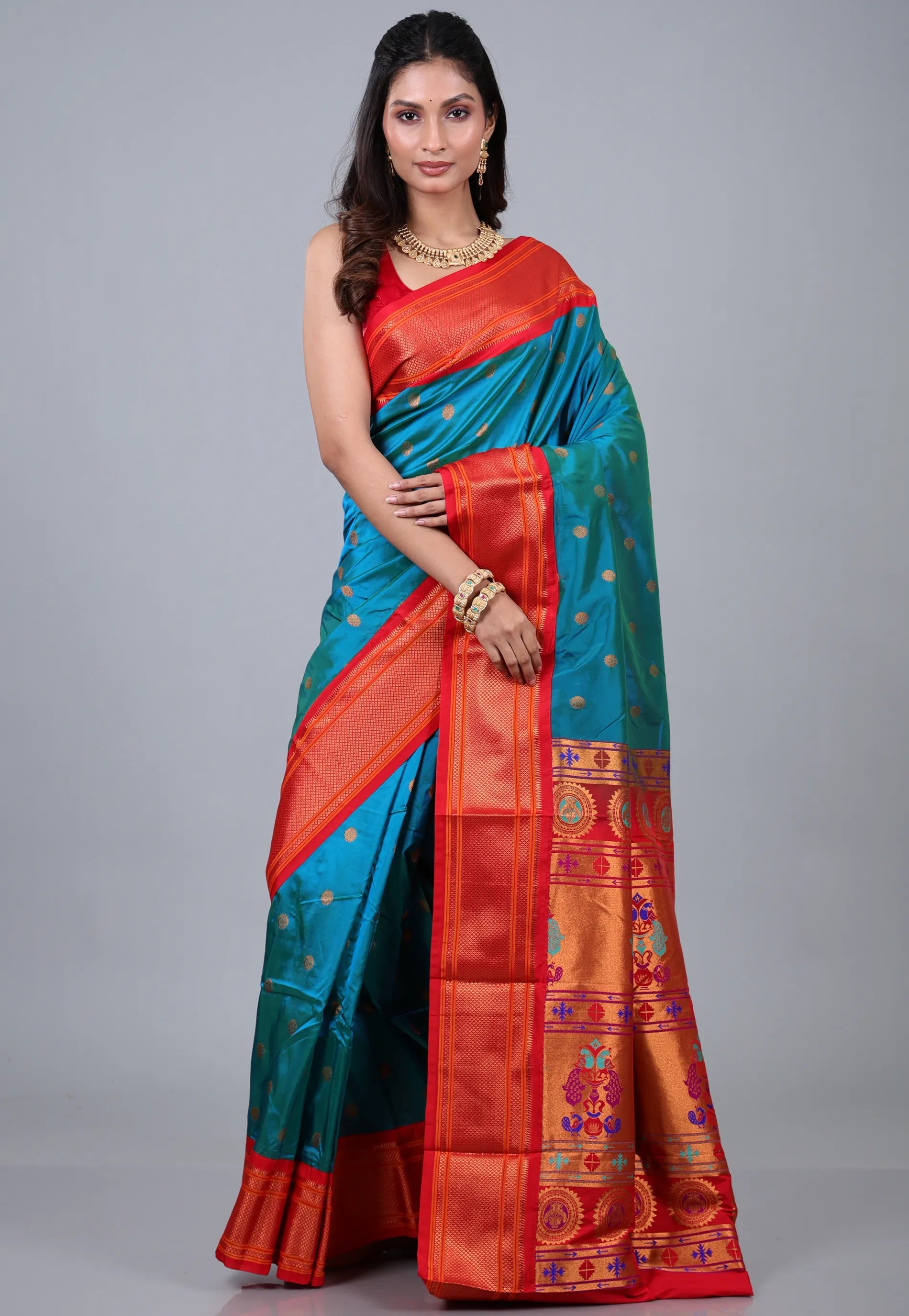 Peacock Blue Paithani Silk Saree With Blouse Piece - Adi Akshoy & Co.