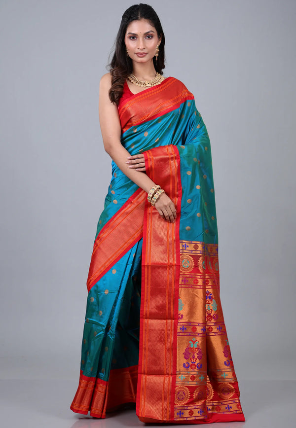 Peacock Blue Paithani Silk Saree With Blouse Piece - Adi Akshoy & Co.