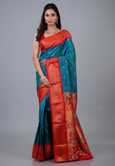 Peacock Blue Paithani Silk Saree With Blouse Piece - Adi Akshoy & Co.