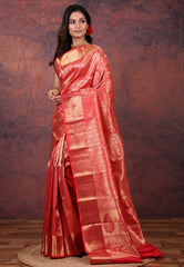 Red Brocade Pure Kanjivaram Silk Saree with Blouse Piece - Adi Akshoy & Co.