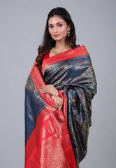 Blue Katan Silk Saree with Blouse Piece - Adi Akshoy & Co.