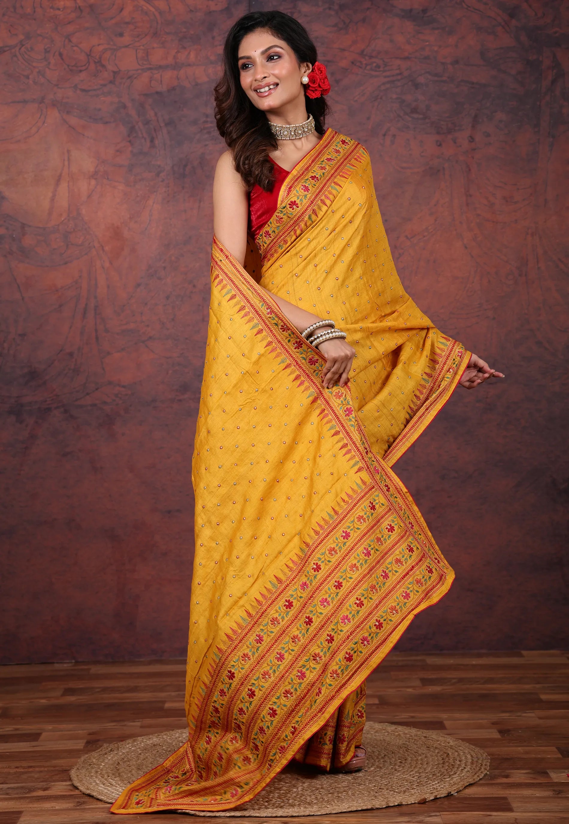 Mustard Yellow Pure Tussar Kantha Silk Saree With Blouse Piece - Adi Akshoy & Co.