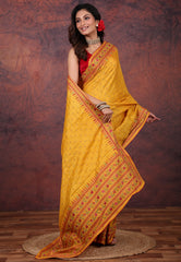 Mustard Yellow Pure Tussar Kantha Silk Saree With Blouse Piece - Adi Akshoy & Co.