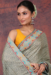 Off White Grey Pure Tussar Kantha Silk Saree With Blouse Piece - Adi Akshoy & Co.