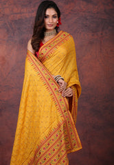 Mustard Yellow Pure Tussar Kantha Silk Saree With Blouse Piece - Adi Akshoy & Co.
