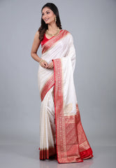Off White Mashru Silk Saree with Blouse Piece - Adi Akshoy & Co.