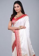 Off White Mashru Silk Saree with Blouse Piece - Adi Akshoy & Co.