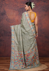 Off White Grey Pure Tussar Kantha Silk Saree With Blouse Piece - Adi Akshoy & Co.