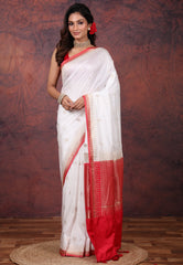 White Mashru Silk Saree with Blouse Piece - Adi Akshoy & Co.