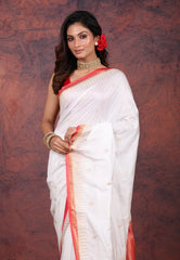 White Mashru Silk Saree with Blouse Piece - Adi Akshoy & Co.