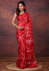 Red Pure Tussar Dhakai Jamdani Saree with Blouse Piece - Adi Akshoy & Co.