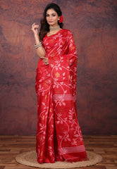 Red Pure Tussar Dhakai Jamdani Saree with Blouse Piece - Adi Akshoy & Co.